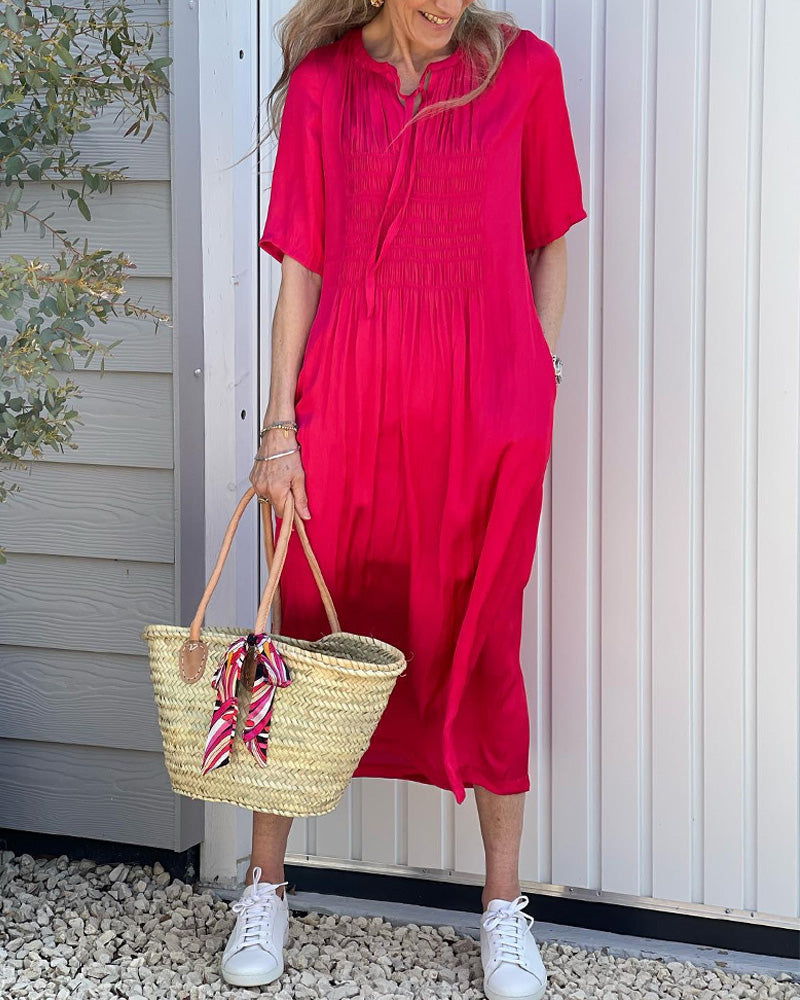 Red V-Neck Dress with Pleats