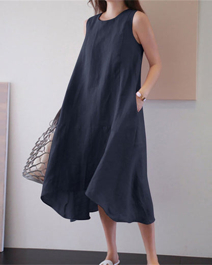 Sleeveless Cotton Linen Dress in Solid Color