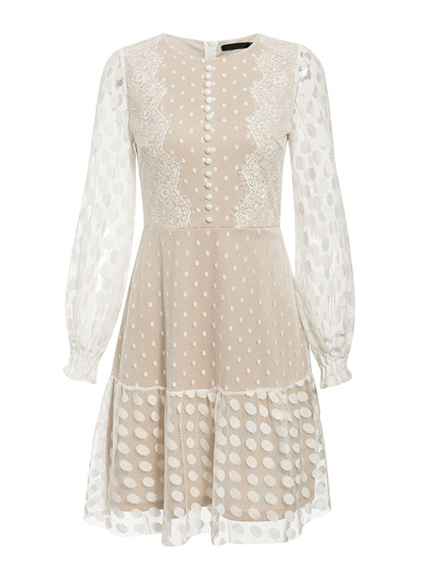 Vintage Polka Dot Short Dress with Embroidery Long Sleeves and Sexy Mesh Lace