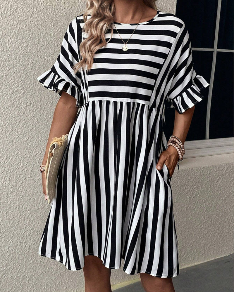 Striped Print A-Line Dress with Round Neck