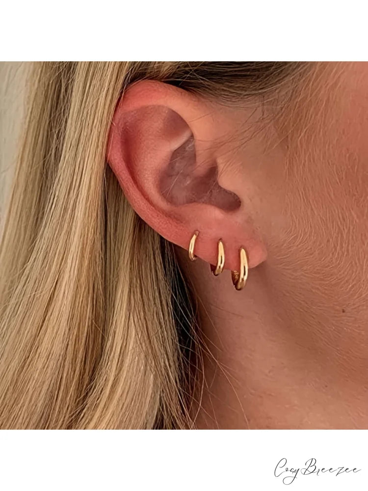 3 Pairs Huggie Hoop Earrings Yellow Gold / one-size