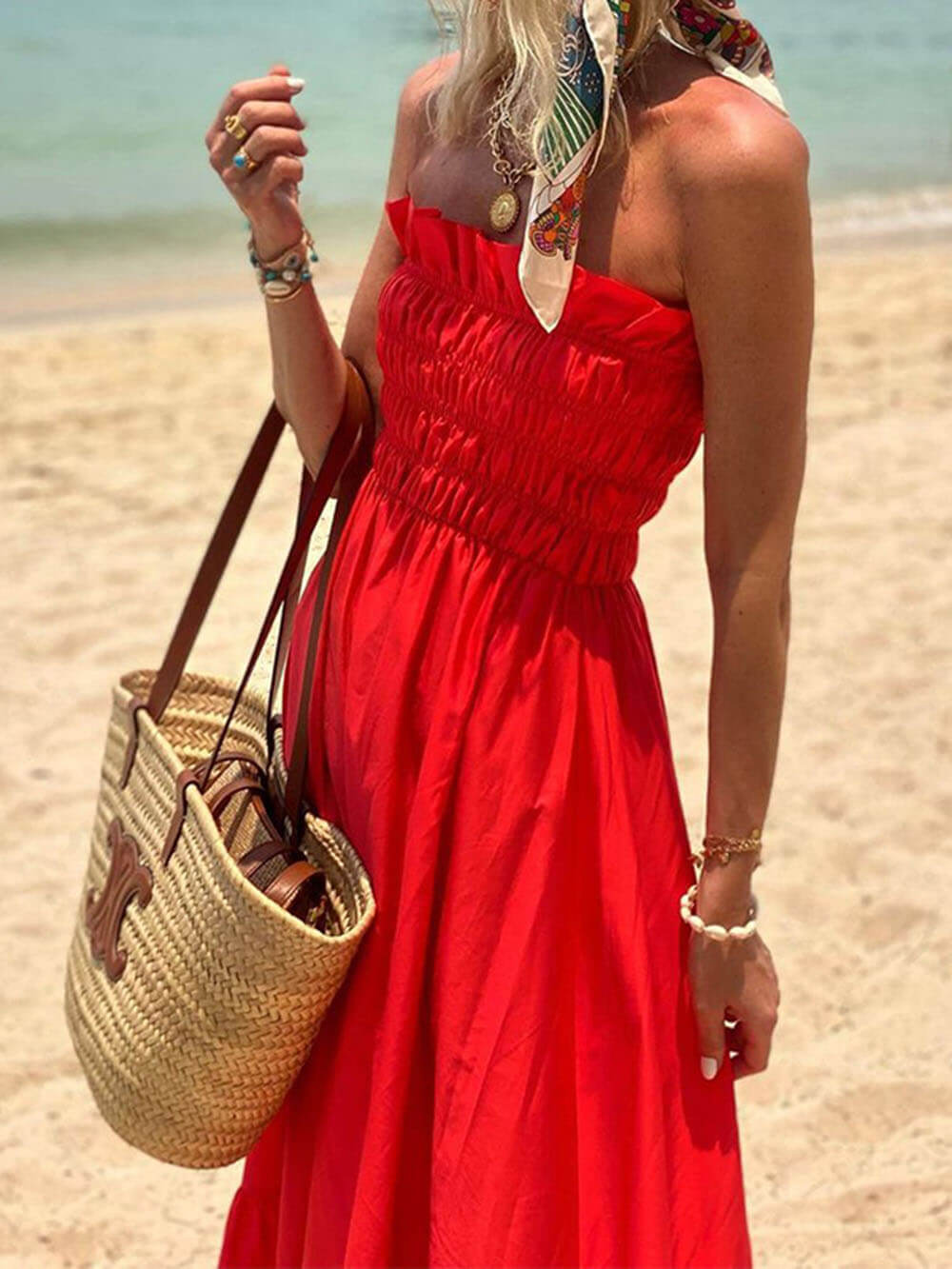 Smocked Bust Off Charming Shoulder Vacation Maxi Dress