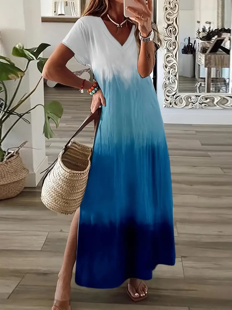 V Neck Short Sleeve Maxi Beach Dress with Gradient Color Side Split