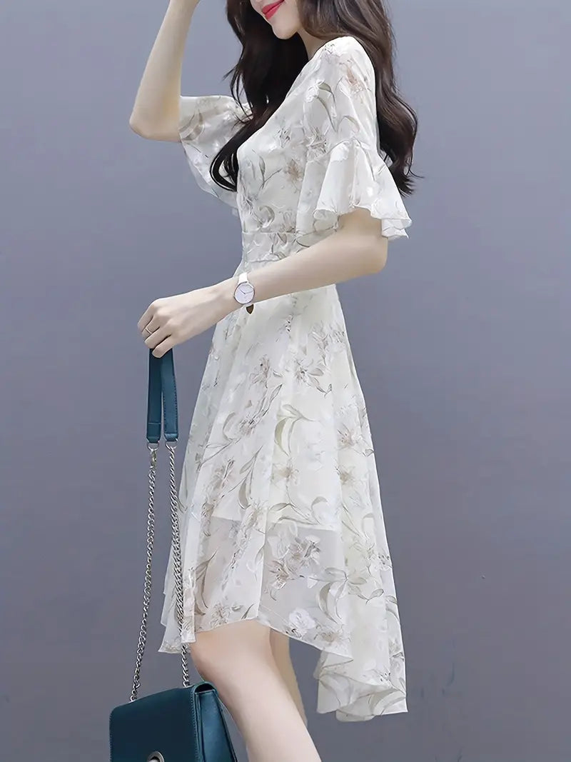 Airy Floral Print Chiffon Dress with Ruffle Trim Sleeves