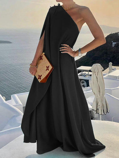 Solid Color Loose Charming One Shoulder Maxi Dress