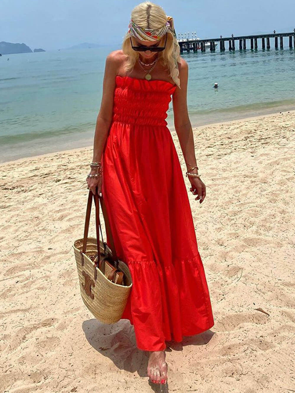 Smocked Bust Off Charming Shoulder Vacation Maxi Dress