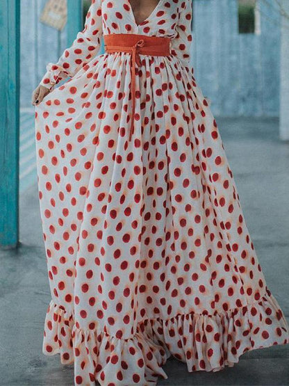 Red Polka-Dot V-Neck Maxi Dress with Long Sleeves