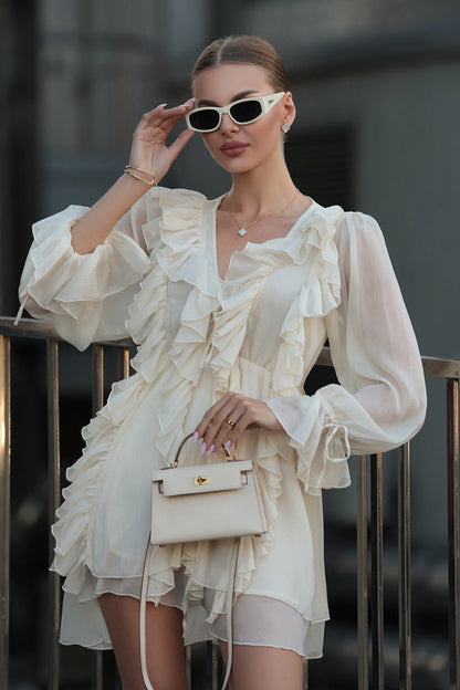 Ruffled Chiffon Long Sleeve Mini Dress