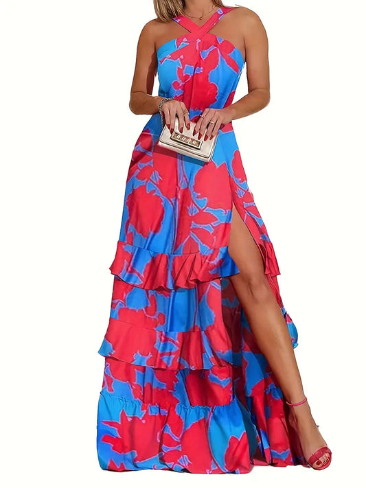 Ruffles Halter Summer Beach Print Maxi Dress