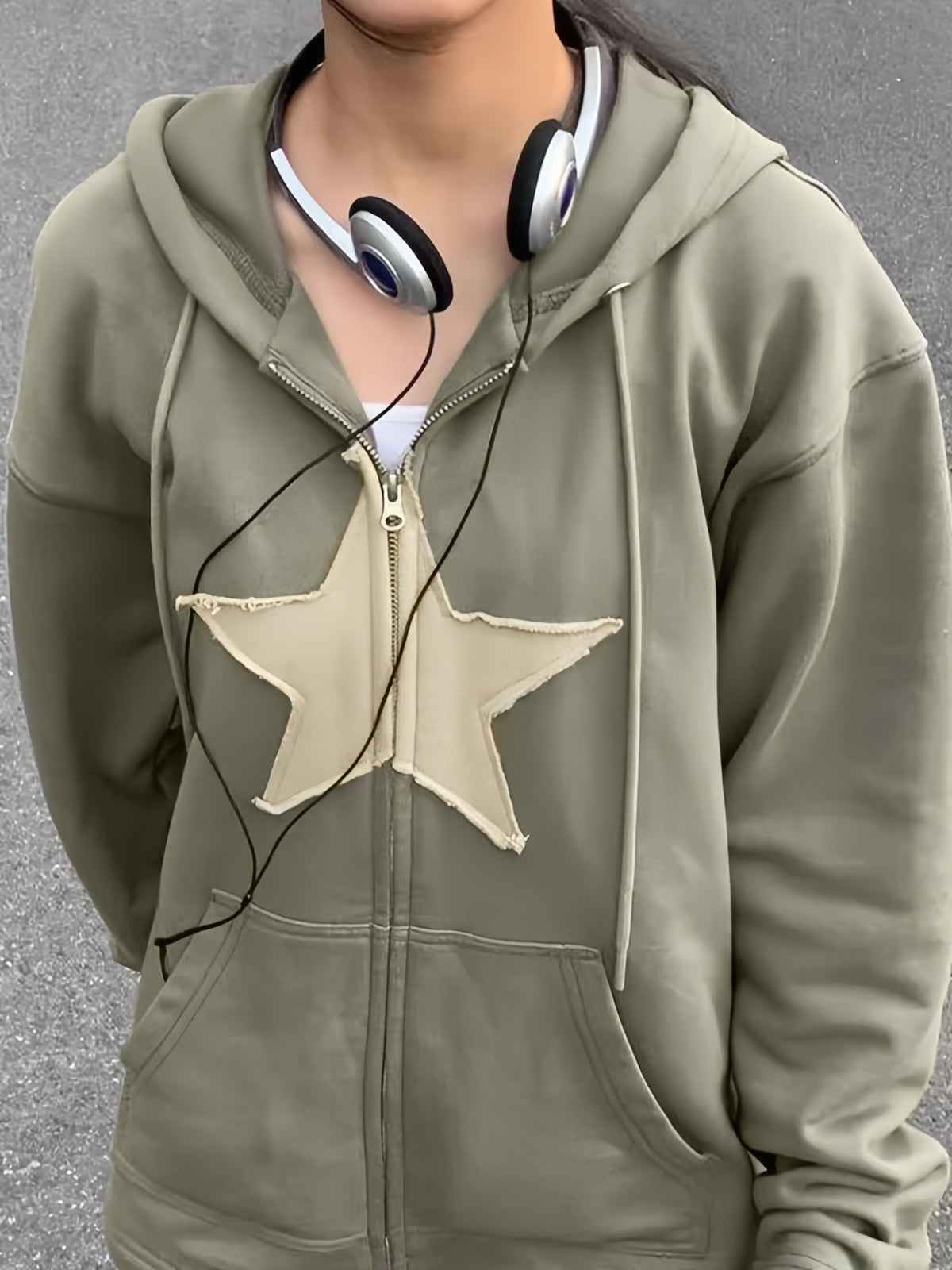 Cosybreezee - Green Vintage Baggy Hoodie with Star Patch and Zipper