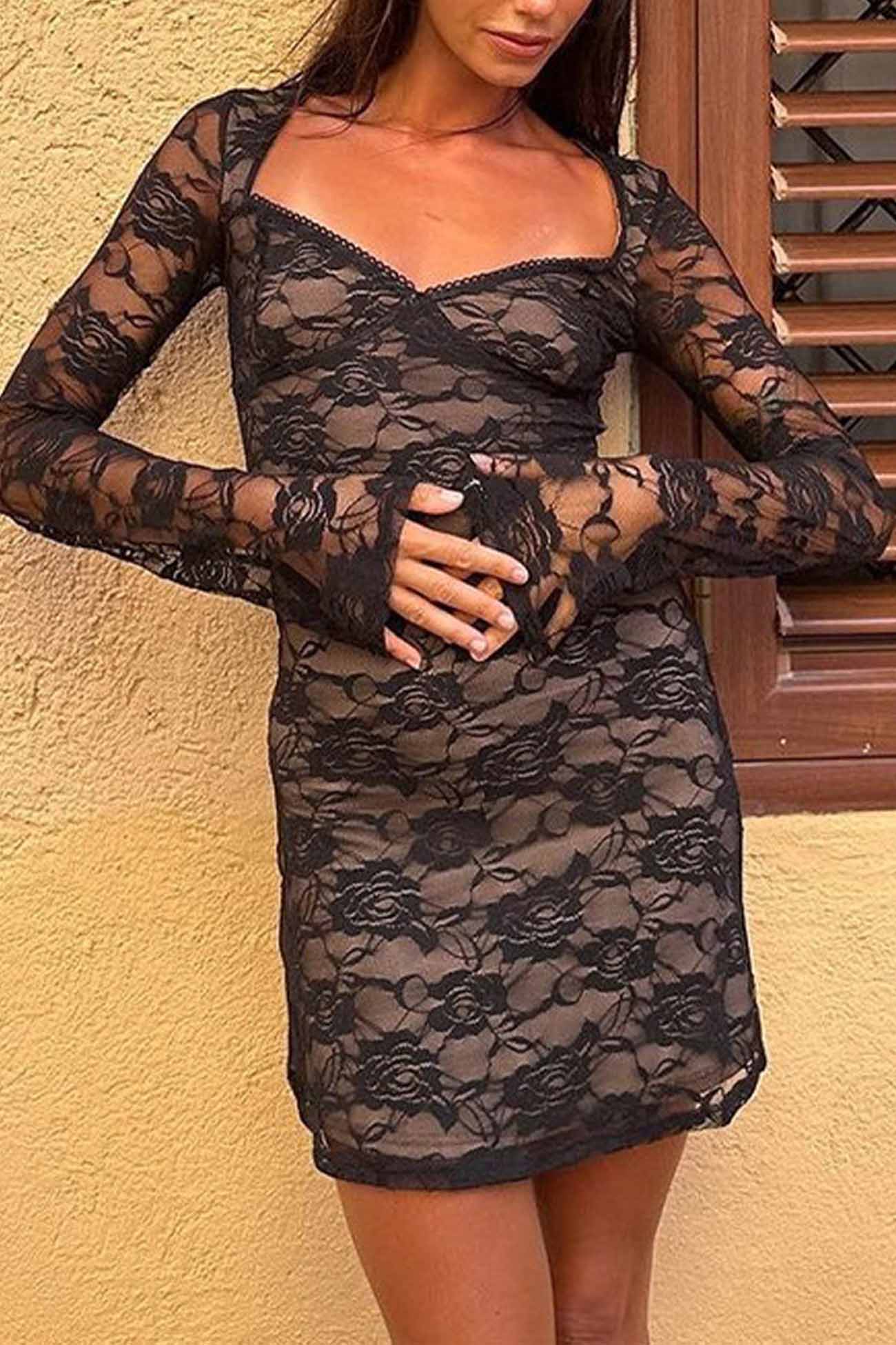 Cutout Lace Long Sleeve Mini Dress