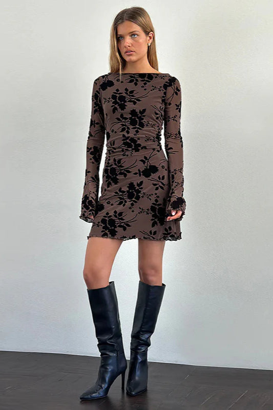 Velvet Floral Flocked Slim Fit Long Sleeve Mini Party Dress