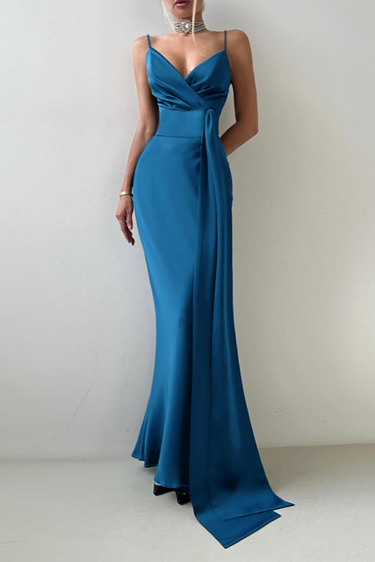 V-Neck Bow Tie Waist-Cinched Bodycon Party Dress