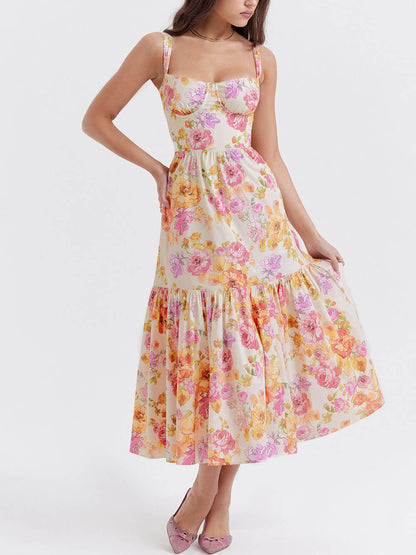 Strap A-Hem Stylish Floral Midi Dress