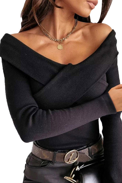 Top - Ribbed Casual Arm V Neck Crossed Long Black