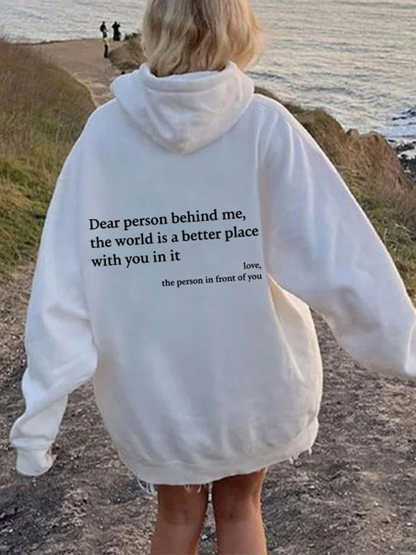 Cosybreezee - White Oversized Kangaroo Pocket Drawstring Hoodie with Letter Print