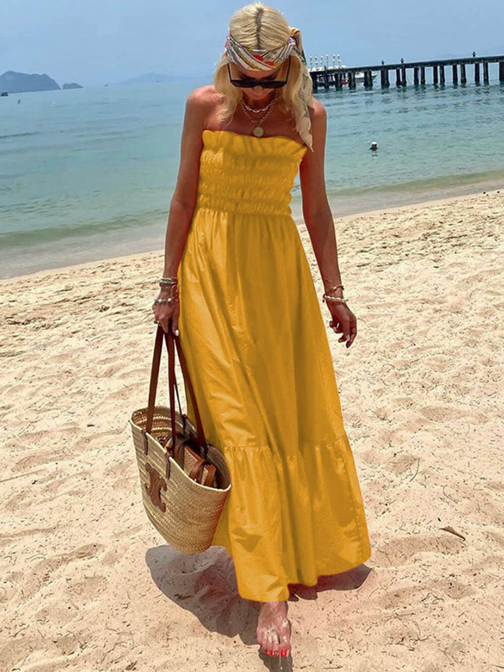 Smocked Bust Off Charming Shoulder Vacation Maxi Dress