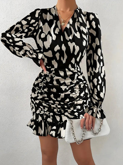 Leopard Print V-neck Tie Waist Bodycon Mini Dress Party Dress