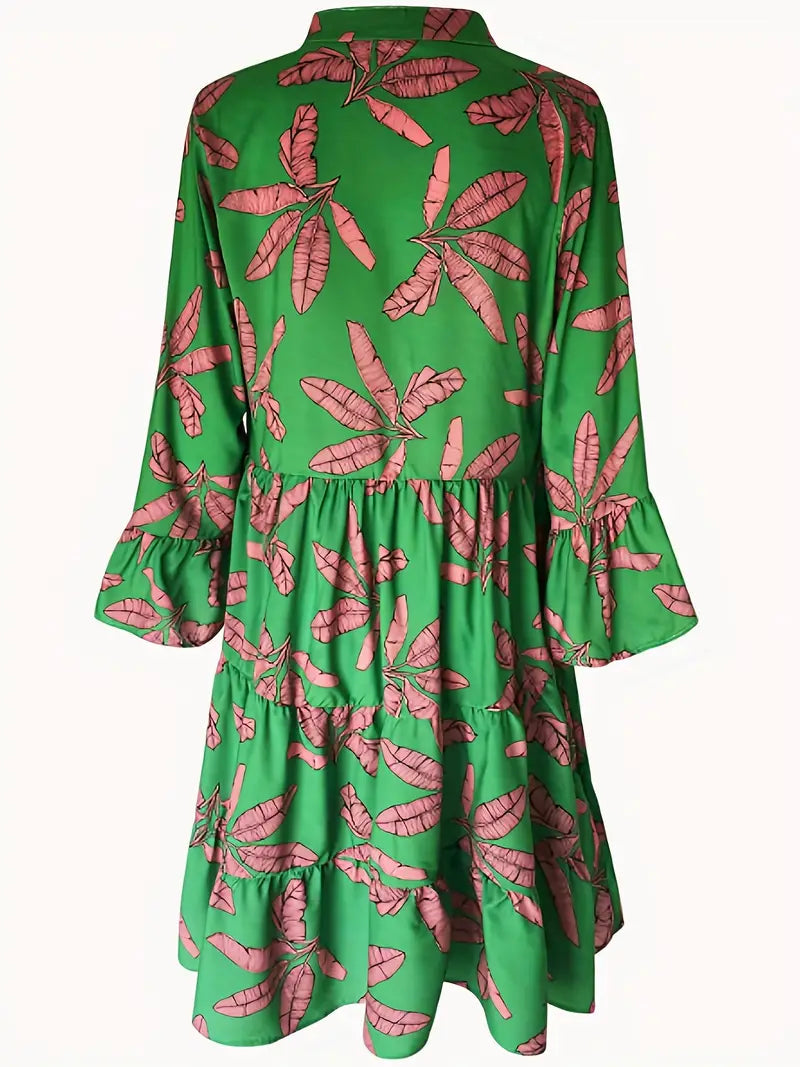 Tiered Long Sleeve Maxi Dress with Leaves Print