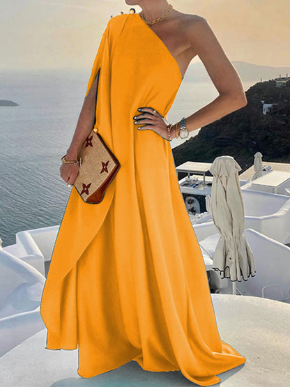 Solid Color Loose Charming One Shoulder Maxi Dress