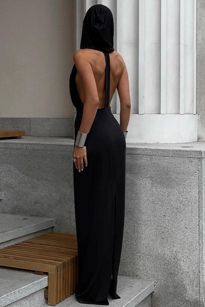 Fashionable V-Neck Backless Hooded Bodycon Maxi Dress