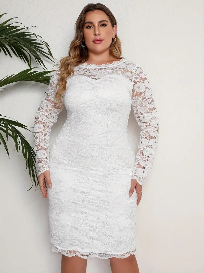 White Lace Long Sleeve Bodycon Dress - Plus Size