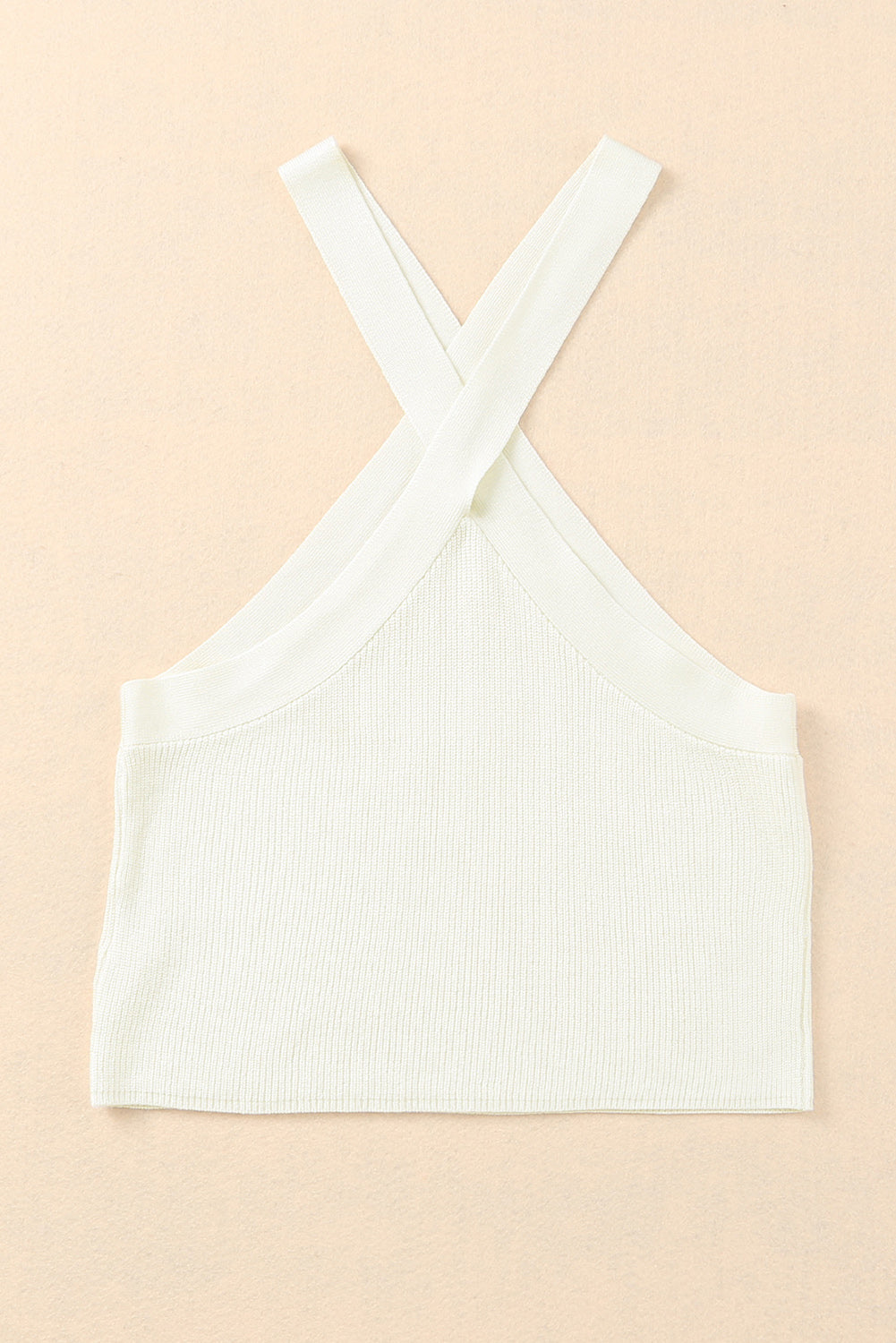 White Neck Knit Ribbed Halter Tank Cross Criss Top