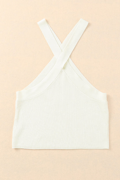 White Neck Knit Ribbed Halter Tank Cross Criss Top