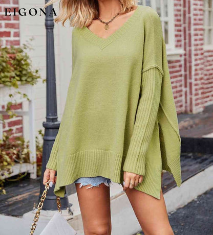 Cosybreezee - V-Neck Slit Exposed Seam Sweater