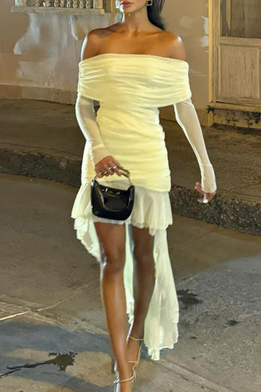 Fall New Slim-Fit Pleated Off-Shoulder  Party Dress