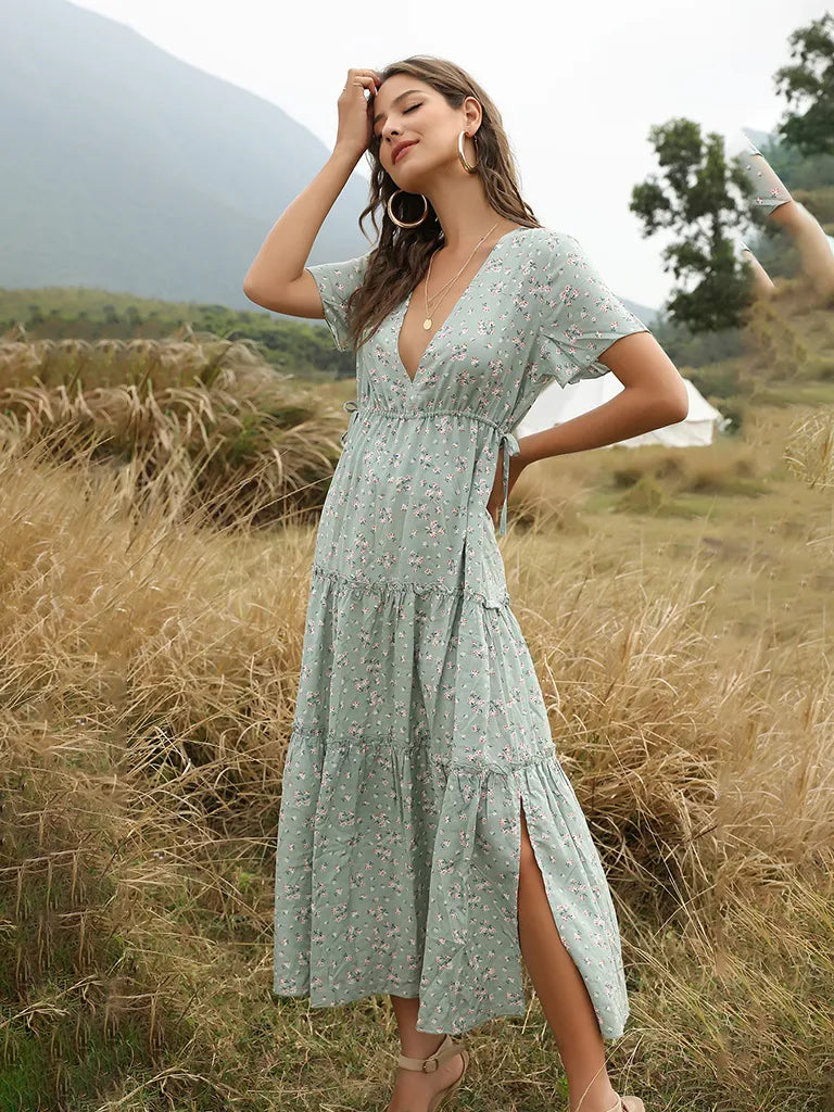 Bohemian Dress with Flower Print - Ankle-Length