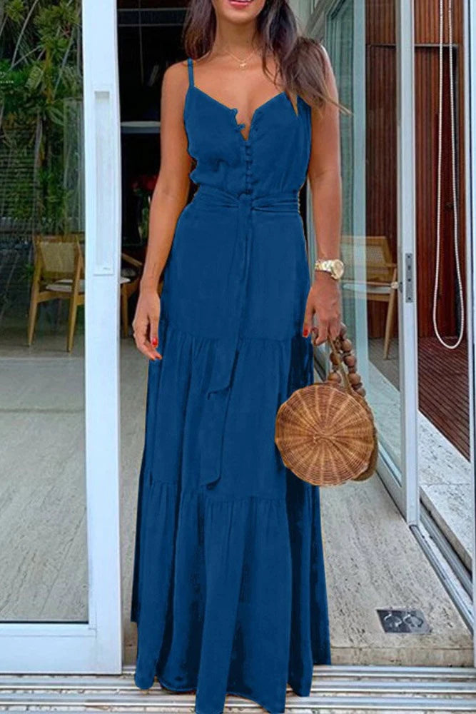 Spaghetti Strap Button Bandage Maxi Dress