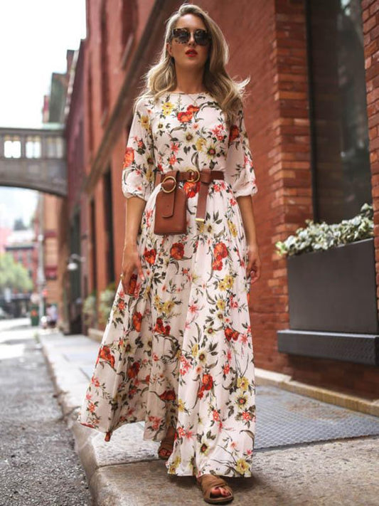 Bohemia Gown Full-Length Neck Half with Round and Flowered Sleeves