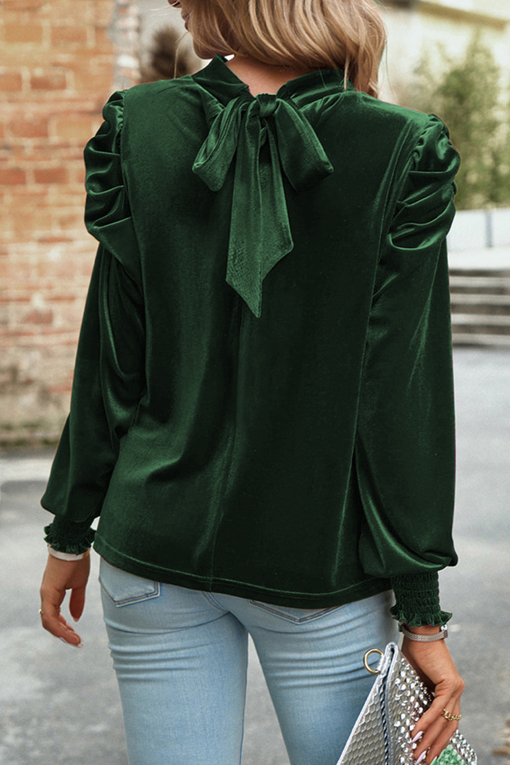 with Sleeves Velvet Puff and Neck Blackish in Mock Blouse Green