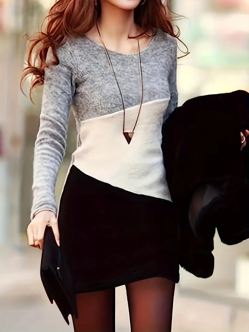 Simple Crew Neck Long Sleeve Dress with Color Block Design