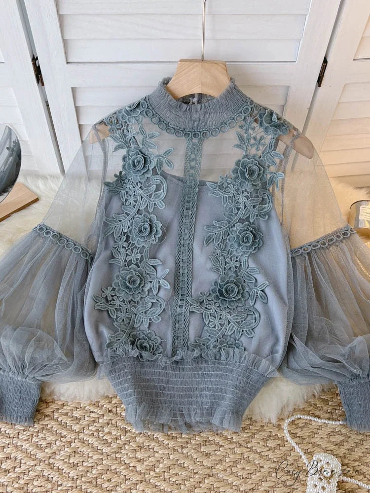 3D Blouse Top Lace Mesh Shirts Spring Lantern Elegant Arm Blusas Women Sheer Flowered Femininas