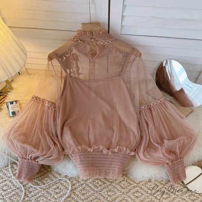 3D Blouse Top Lace Mesh Shirts Spring Lantern Elegant Arm Blusas Women Sheer Flowered Femininas
