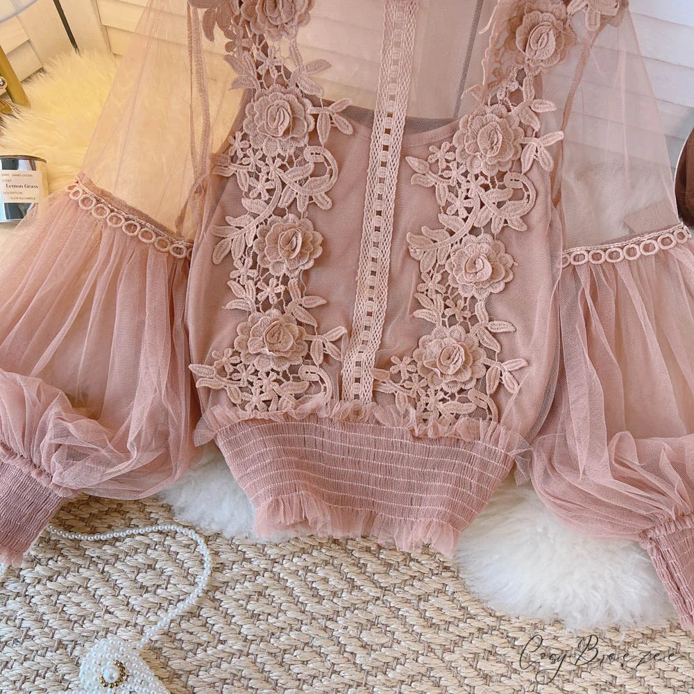 3D Blouse Top Lace Mesh Shirts Spring Lantern Elegant Arm Blusas Women Sheer Flowered Femininas