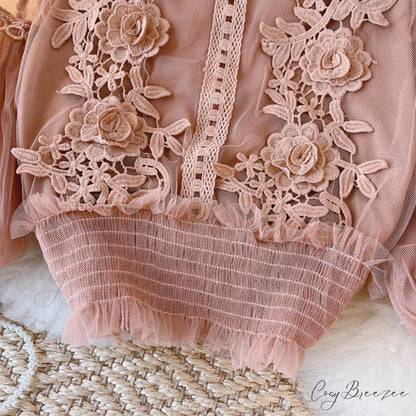 3D Blouse Top Lace Mesh Shirts Spring Lantern Elegant Arm Blusas Women Sheer Flowered Femininas