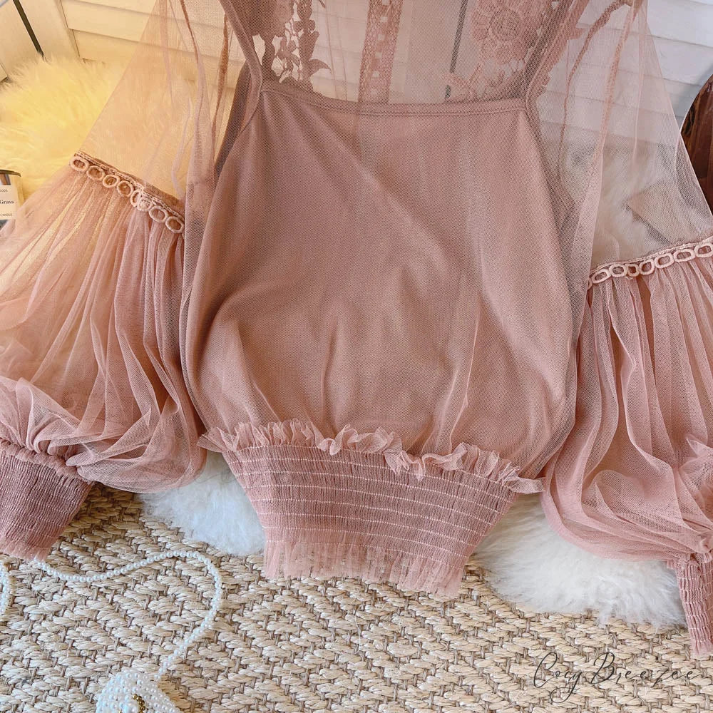 3D Blouse Top Lace Mesh Shirts Spring Lantern Elegant Arm Blusas Women Sheer Flowered Femininas