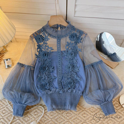3D Blouse Top Lace Mesh Shirts Spring Lantern Elegant Arm Blusas Women Sheer Flowered Femininas blue / One Size