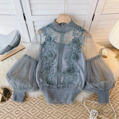 3D Blouse Top Lace Mesh Shirts Spring Lantern Elegant Arm Blusas Women Sheer Flowered Femininas gray / One Size