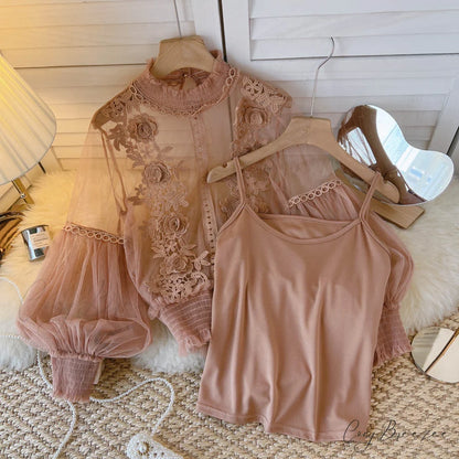3D Blouse Top Lace Mesh Shirts Spring Lantern Elegant Arm Blusas Women Sheer Flowered Femininas khaki / One Size