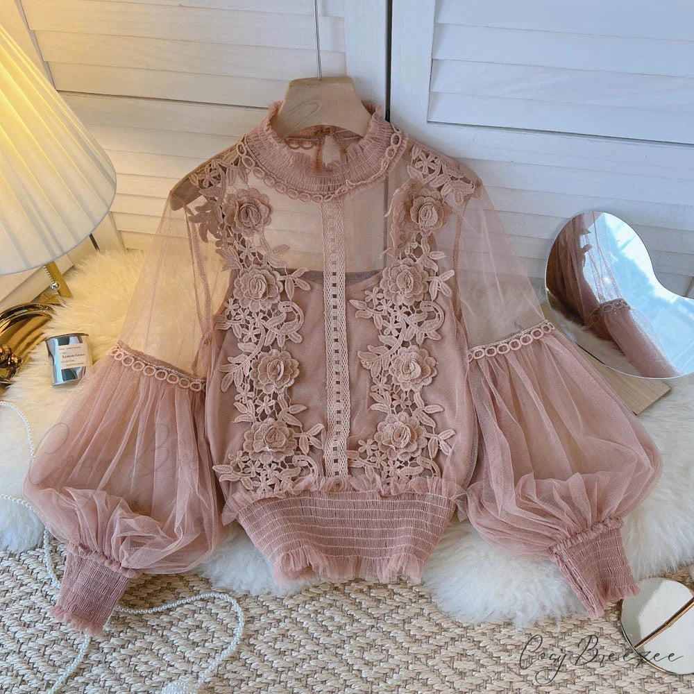 3D Blouse Top Lace Mesh Shirts Spring Lantern Elegant Arm Blusas Women Sheer Flowered Femininas pink / One Size