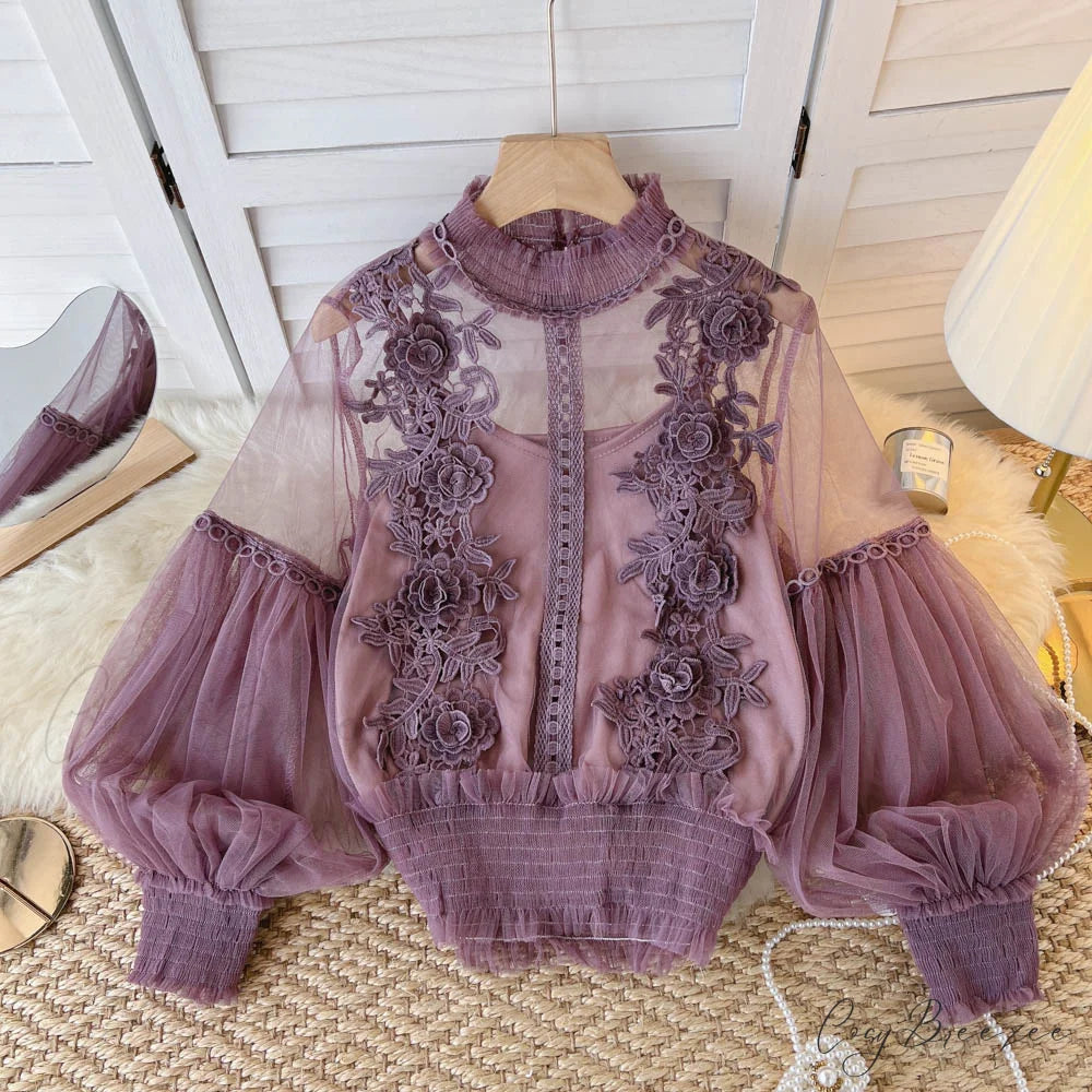 3D Blouse Top Lace Mesh Shirts Spring Lantern Elegant Arm Blusas Women Sheer Flowered Femininas Purple / One Size