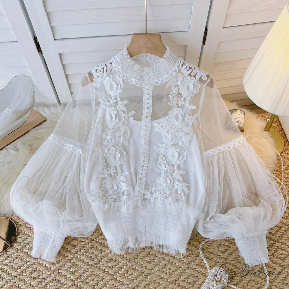 3D Blouse Top Lace Mesh Shirts Spring Lantern Elegant Arm Blusas Women Sheer Flowered Femininas white / One Size