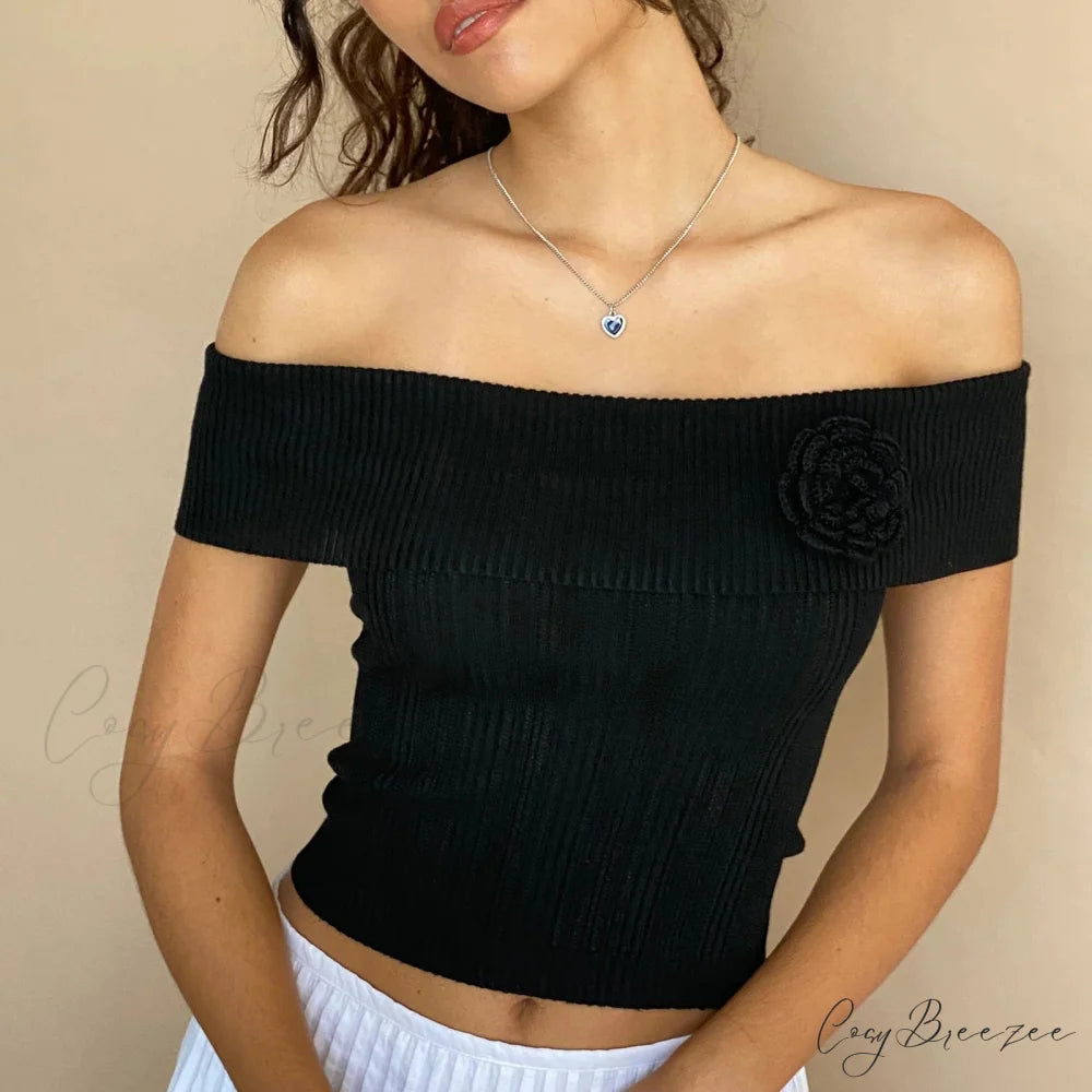 3D Floral Boat Neck Crop Top Black / S croptop-250223