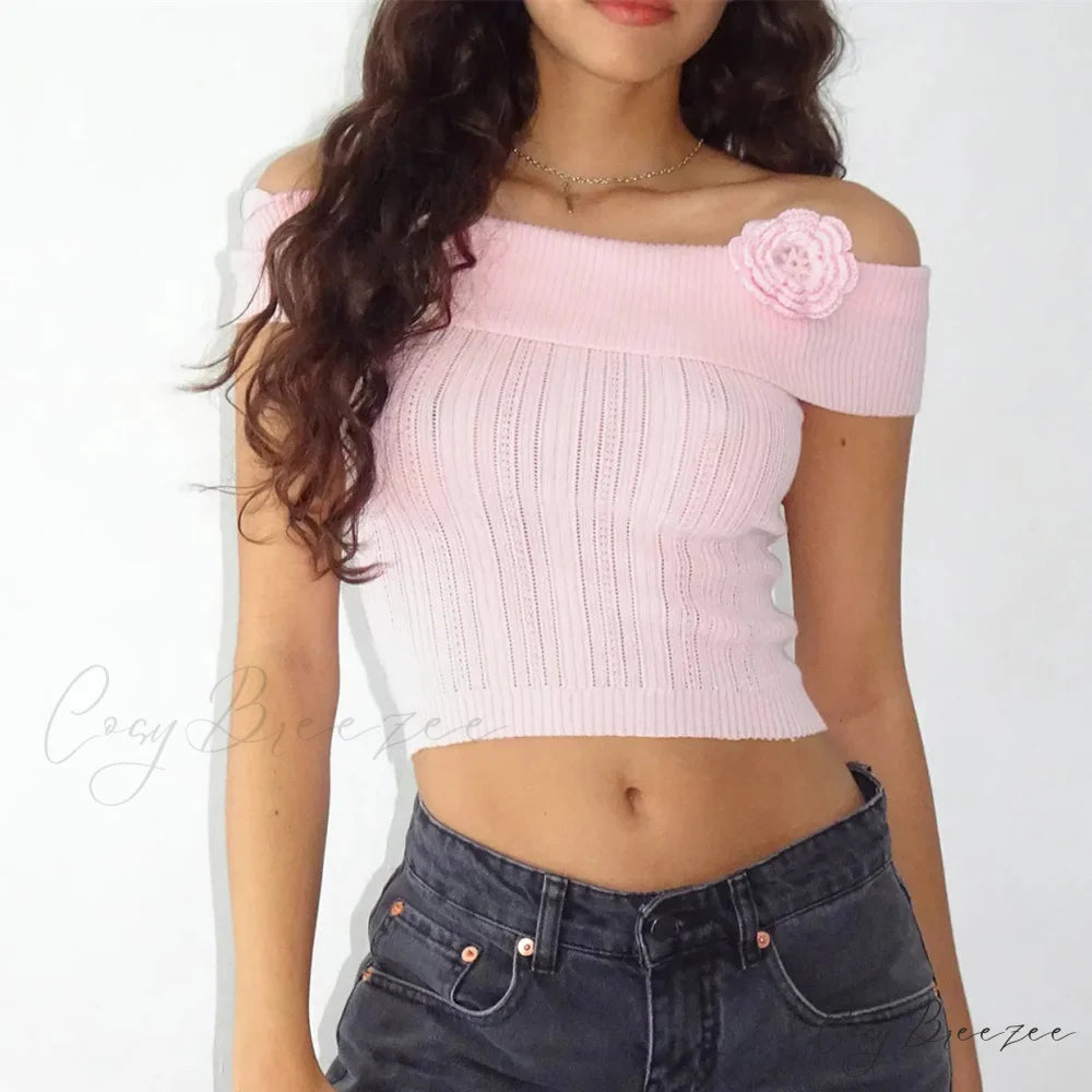 3D Floral Boat Neck Crop Top croptop-250223