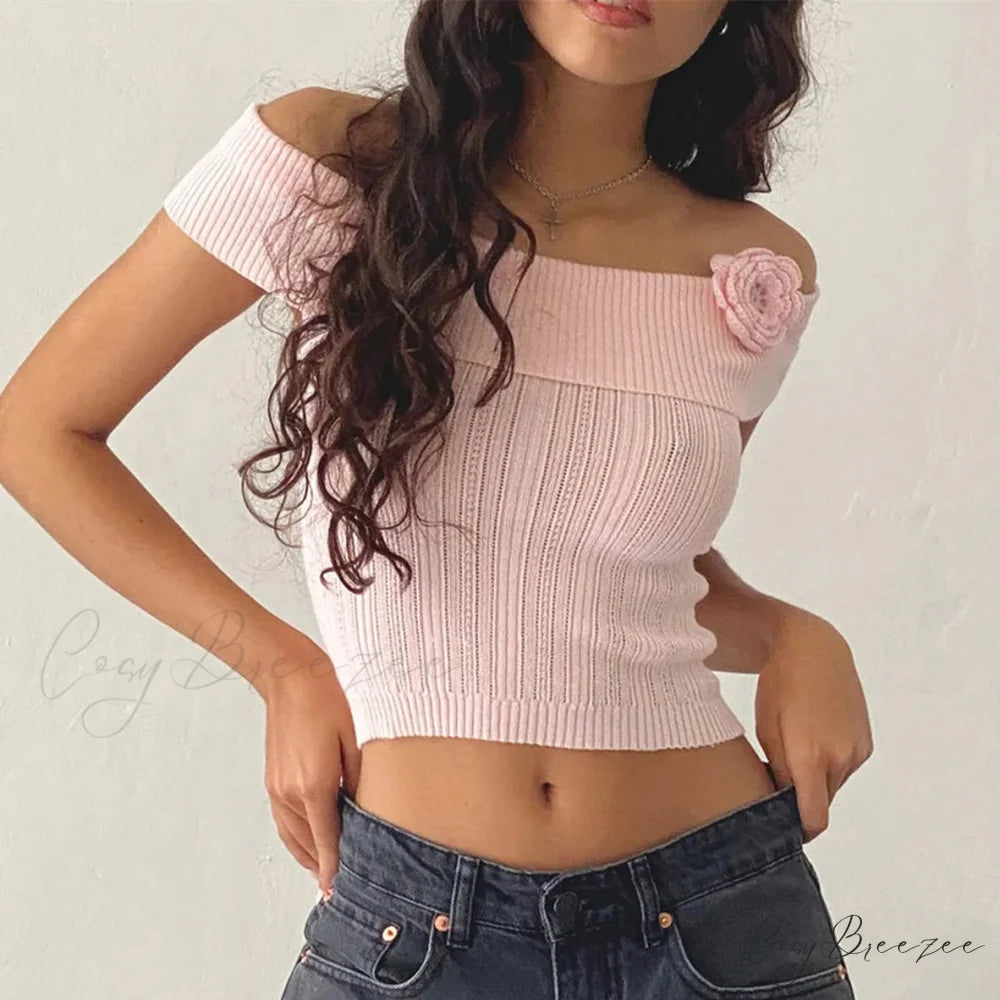 3D Floral Boat Neck Crop Top Pink / S croptop-250223