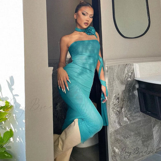 3D Floral Choker Detail Strapless Classic Bodycon Party Midi Dress - Black S / Turquoise